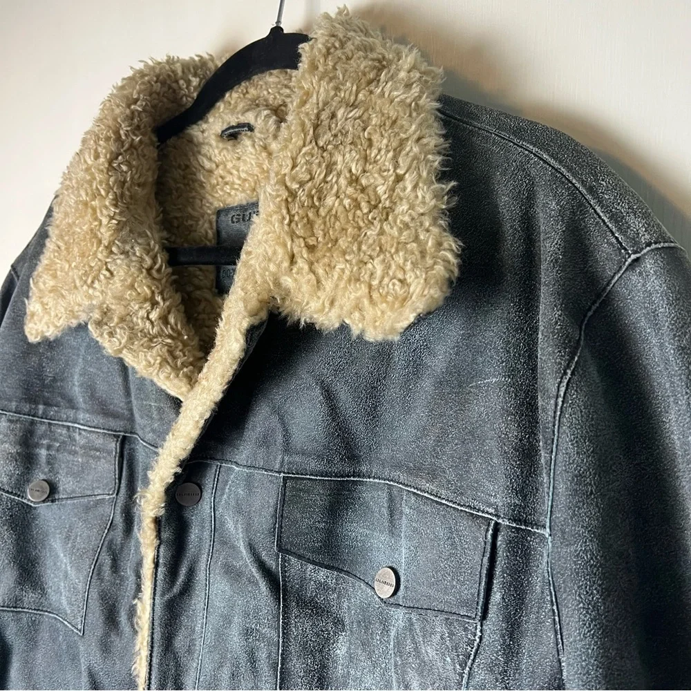 Guess Men’s Vintage Leather Sherpa Lined Trucker Jacket Distressed Gray Y2K Sz L